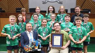 <p>Team RNS Robotics from Rosenallis NS with STEM teacher Aaron Mackessy at a Civic Reception held in their honour at Áras an Chontae, Portlaoise.</p>