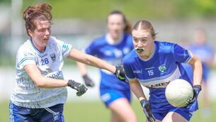 <p>Laois's Mia Branagan readies to ass this ball against Cavan Photo: Paul Dargan</p>