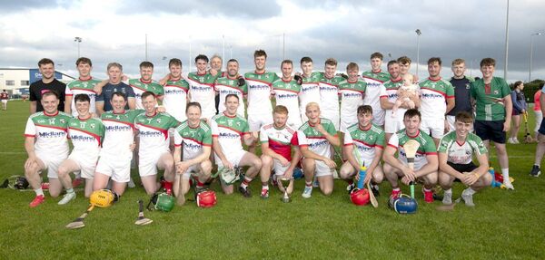 The Rathdowney/Errill team celebrate their Laois Shopping Centre ACHL Division 2 final win over Ballinakill at the LOETB Centre of Excellence on Friday night Photo: Denis Byrne