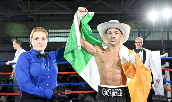 Eoghan Chelmiah has his hand raised after first round win over Jesus Antonio Rios Castro Eoghan Chelmiah has his hand raised after first round win over Jesus Antonio Rios Castro