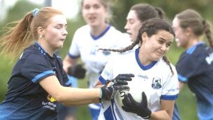 <p>Sinead Coffey (St Conleth's) turning in possession as Grainne Scully (Ballyroan Abbey) looks to dispossess her 	Photo: Denis Byrne</p>