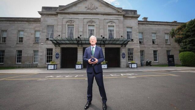 <p>Willie Mullins outside the Minerva Suite of the RDS</p>
