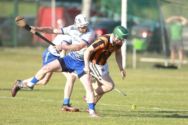 Laurene Kenny (Mountmellick) and David Mortimor (Camross) battle for possession Photo: David Maher Laurene Kenny (Mountmellick) and David Mortimor (Camross) battle for possession Photo: David Maher