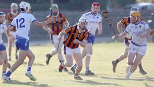 <p>Kevin Byrne (Camross) spots and opening between Mountmellick's Oisin Hade and Jordon Downey and goes for it in the opening round of this year's PIHC Photo: David Maher</p> <p>Kevin Byrne (Camross) spots and opening between Mountmellick's Oisin Hade and Jordon Downey and goes for it in the opening round of this year's PIHC Photo: David Maher</p>