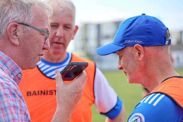 Joint managers Robert Jones and Pat Collier being interviewed by Midland 103's Jack Nolan	Photo: Paul Dargan