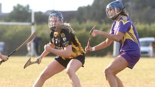 <p>Eva Carroll (Camross) turning in possession with Maggie Fitzpatrick (St Brigid's) moving to challenge 	Photo: Denis Byrne</p>