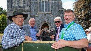 <p>Joe Walsh and Seán Hyland with judges Liam Hannaway and Tom Dowling travelling by horse and carriage to Clough Church. Photo: Paul Dargan</p> <p>Joe Walsh and Seán Hyland with judges Liam Hannaway and Tom Dowling travelling by horse and carriage to Clough Church. Photo: Paul Dargan</p>