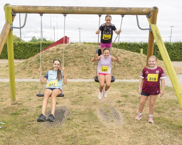Faigh Bennett, Juliette Bennett, Éabha Fitzgerald and Alice McDonald enjoying the swings at the Barrowhouse Harvest Run. Photograph by Aisling Hyland.
