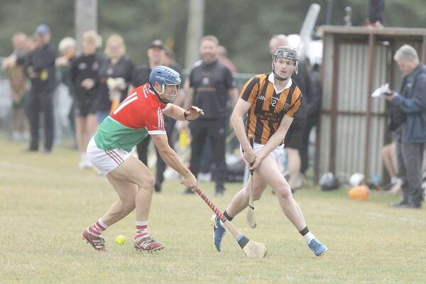 Ashton Keenan (Camross) and Will Young (Clonaslee/St Manman's) compete for the sliotar in their PIHC game on Sunday 	 Photo: David Maher