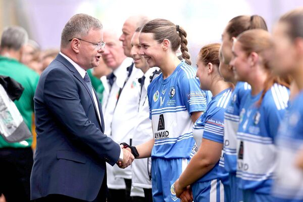 President of the Camogie Association Brian Molloy greets Laois captain Aimée Collier ahead of the final Photo: ©INPHO/Tom Maher President of the Camogie Association Brian Molloy greets Laois captain Aimée Collier ahead of the final Photo: ©INPHO/Tom Maher