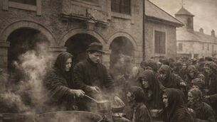 <p>Starving people at the Abbeyleix soup kitchen in 1847, as Lady Emma and Thomas De Vesci serve steaming broth from a single iron pot. Image courtesy of James G. Carroll</p>