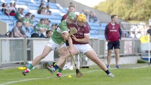 <p>Ronan Carroll (Ballyfin) and Cha Dwyer (Ballinakill) compete for this sliotar in their SHC Rd 4 game at Laois Hire O'Moore Park on Saturday 	 Photo: Denis Byrne</p>