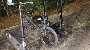 <p>The e-scooters and bike that were seized in Portlaoise. Photo: An Garda Síochána Laois/Offaly </p>