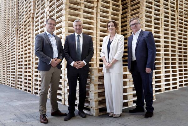 Forest Industries Ireland member CJ Sheeran Group has officially opened a new €6 million logistics and storage facility at its headquarters in Mountrath, Co Laois. Pictured: Mark Sheeran, managing director at CJ Sheeran Group and chairperson of Forest Industries Ireland, Ashleigh Doyle, director at CJ Sheeran Group, Minister of State at the Department of Agriculture, Food and the Marine with special responsibility for Forestry, Farm Safety and Horticulture Niall Collins TD, and Fergal Moran, business development director at CJ Sheeran Group. Photograph by Mark Stedman.