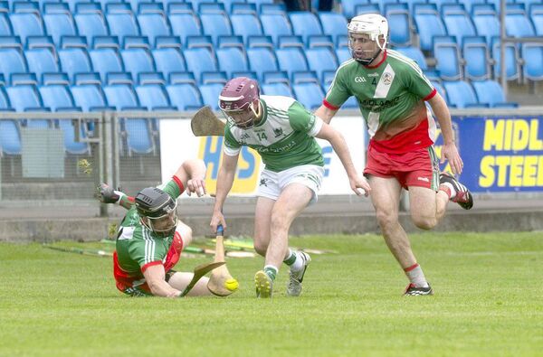 Brian Fitzpatrick (Rosenallis) gathers this sliotar on the move Photo: Denis Byrne Brian Fitzpatrick (Rosenallis) gathers this sliotar on the move Photo: Denis Byrne