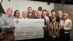 <p>The festival committee presented the cheque to the Cuisle Cancer Support Centre, at a celebration in the Village Tap, Rosenallis on Friday 25 September</p> <p>The festival committee presented the cheque to the Cuisle Cancer Support Centre, at a celebration in the Village Tap, Rosenallis on Friday 25 September</p>