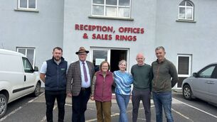 <p>Pictured after the sale of a prized bullock to raise funds for the Irish Cancer Society were Paddy Galvin, new general manager of Leinster Marts, Edward Boyan (buyer), Mary Walsh, Caroline Walsh, Philip Walsh, and William Cassidy, chairman of the Board of Leinster Marts</p> <p>Pictured after the sale of a prized bullock to raise funds for the Irish Cancer Society were Paddy Galvin, new general manager of Leinster Marts, Edward Boyan (buyer), Mary Walsh, Caroline Walsh, Philip Walsh, and William Cassidy, chairman of the Board of Leinster Marts</p>
