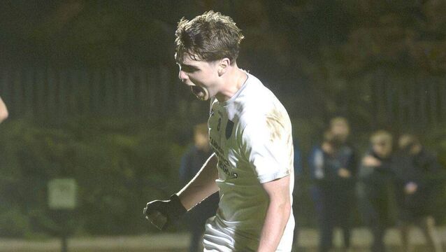 <p>Rian Graham (Courtwood) celebrates scoring a goal in the JFC 'C' final against O'Dempseys 	 Photo: Denis Byrne</p>