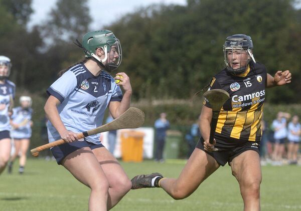 Kirsten Keenan (Camross) moves in to cut off Julie-Anne Bennett's (O'Moore's) progress in the IC semi-final Photo: Denis Byrne Kirsten Keenan (Camross) moves in to cut off Julie-Anne Bennett's (O'Moore's) progress in the IC semi-final Photo: Denis Byrne