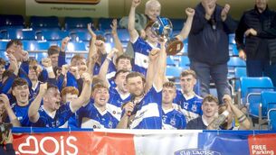 <p>Castletown captain John Gaughan raising the John Grace Memorial Cup on the podium at Laois Hire O'Moore Park 	Photo Denis Byrne</p>