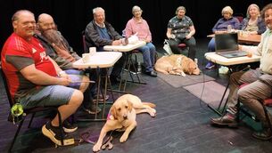 <p>Members of the Laois Sightless Cinema cast Nigel Nolan (with Harley) Ger McHugh, Sean Byrne, Kathleen Sweeney, Noreen McInerney (with Yorik) Deirdre Honan, Marian Murray, Mary Killeen and Sightless Cinema creator Ciarán Taylor pictured during rehearsals in the Dunamaise Arts Centre in Portlaoise Photo: Stan Henderson </p> <p>Members of the Laois Sightless Cinema cast Nigel Nolan (with Harley) Ger McHugh, Sean Byrne, Kathleen Sweeney, Noreen McInerney (with Yorik) Deirdre Honan, Marian Murray, Mary Killeen and Sightless Cinema creator Ciarán Taylor pictured during rehearsals in the Dunamaise Arts Centre in Portlaoise Photo: Stan Henderson </p>