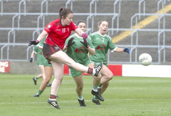 Martha Guilfoyle (Shanahoe) firing this ball on goal in their Intermediate Championship final win over Killeshin 	 Photo: Denis Byrne