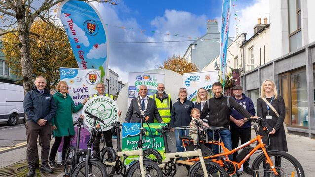 <p>Pictured at Portlaoise Library for the launch of the Portlaoise Bike Library: Pat Delaney, Director of Services, Laois County Council; Catherine Dolan and Gerry Browne, Portlaoise Tidy Towns; Cllr Paddy Buggy, Leas cathaoirleach of Laois Co Council; Vincent Booth, Portlaoise Tidy Towns; Georgina Ireland Cathcart, Senior Executive Officer, Laois County Council; Colette ORourke, Community Climate Action Officer, Laois County Council; Mark and Arlo Bradley with a bike; Stephen Malone, the first bike user and Anne Lennon, Climate Action Officer, Laois County Council Photo: Alf Harvey</p>