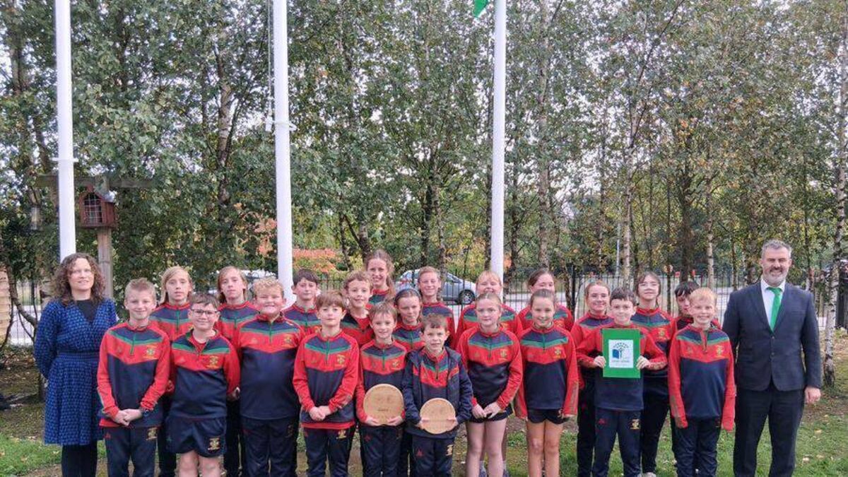 Gaelscoil Phortlaoise proudly raises Travel Green Flag