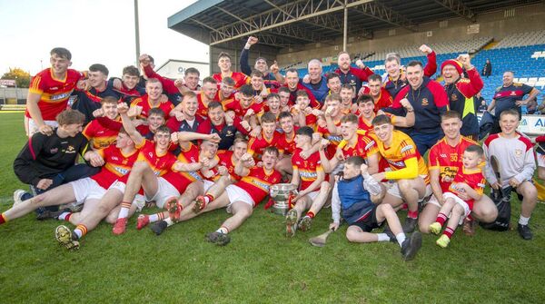 The Harps players and management celebrate their historic first ever Senior Hurling Championship title after getting over Camross at Laois Hire O'Moore Park on Sunday Photo: Denis Byrne The Harps players and management celebrate their historic first ever Senior Hurling Championship title after getting over Camross at Laois Hire O'Moore Park on Sunday Photo: Denis Byrne