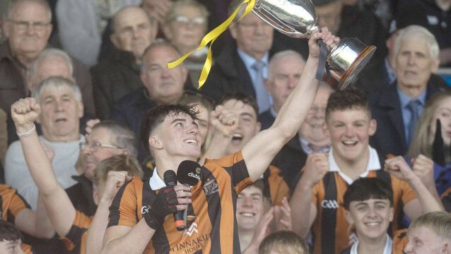 <p>Camross captain Luke Hynes raising the U/17 Hurling Championship Cup on Sunday 	 Photo: Denis Byrne</p>