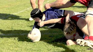 <p>Ronan Donlon crashes over for Portlaoise's first try against New Ross in Togher on Sunday Photo: David Maher</p> <p>Ronan Donlon crashes over for Portlaoise's first try against New Ross in Togher on Sunday Photo: David Maher</p>