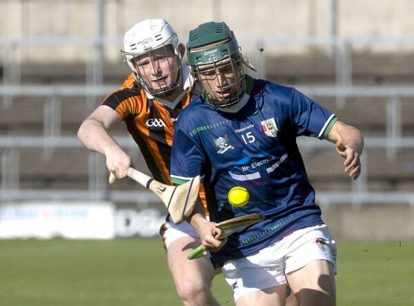 Jacob Hilliard (Camross) challenges Tadhg Hughes (Barrow Gaels) in the U/17HC final Photo: Denis Byrne Jacob Hilliard (Camross) challenges Tadhg Hughes (Barrow Gaels) in the U/17HC final Photo: Denis Byrne