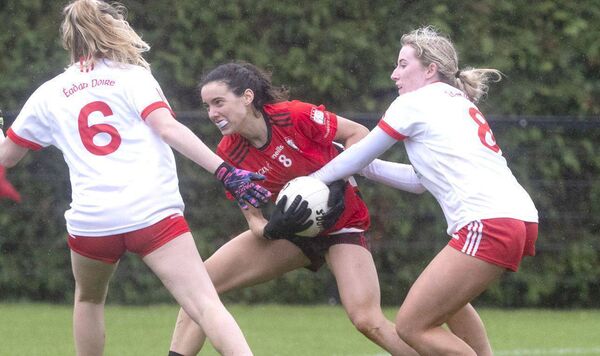 Maeve Hennessy (Shanahoe) looking to keep this ball as Tara Tyrrell (Edenderry) challenges in the Leinster LGFA Club IC quarter-final Photo: Denis Byrne Maeve Hennessy (Shanahoe) looking to keep this ball as Tara Tyrrell (Edenderry) challenges in the Leinster LGFA Club IC quarter-final Photo: Denis Byrne